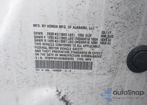 2017 Honda Pilot Lx from USA, damaged, VIN 5FNYF6H1XHB029293